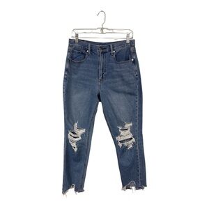 American Eagle Women's Size 8 Mom Jeans Distressed Raw Cuff Blue Stretchy